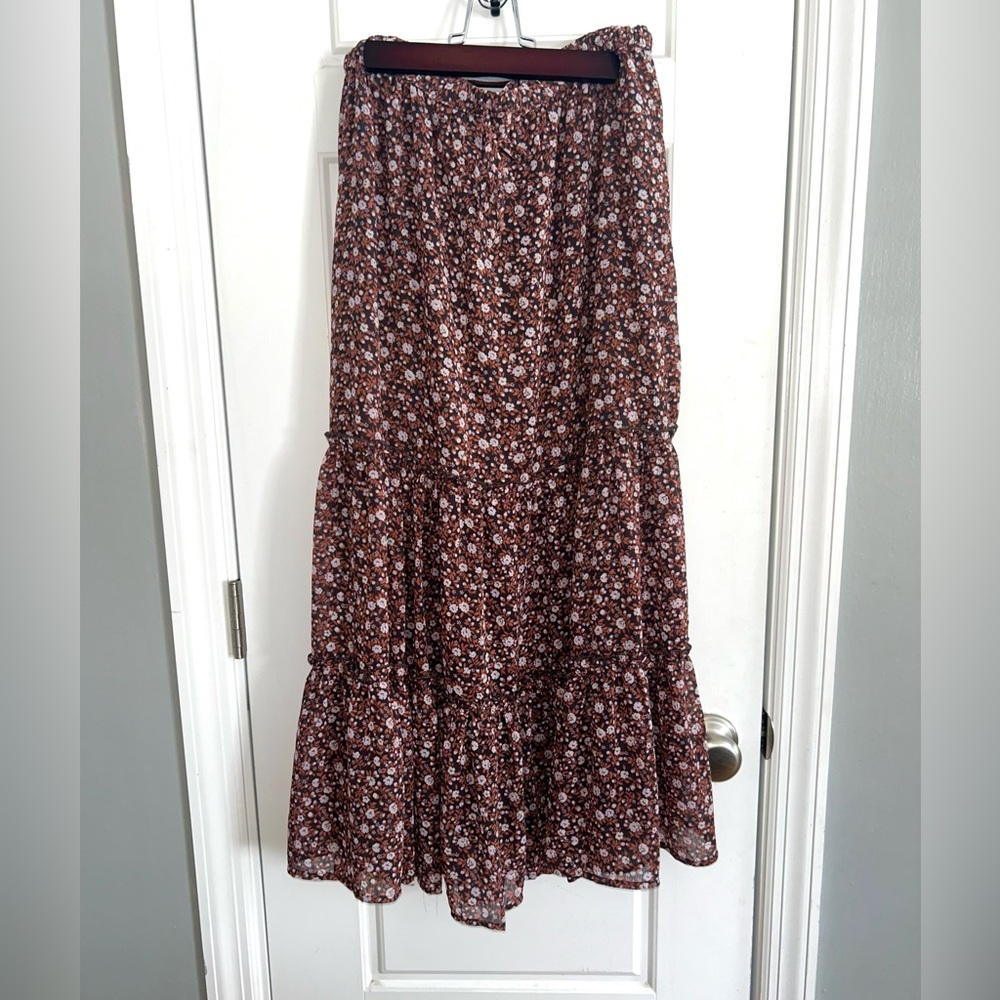 aerie Brown Floral Tiered Maxi Skirt with Pink Accents